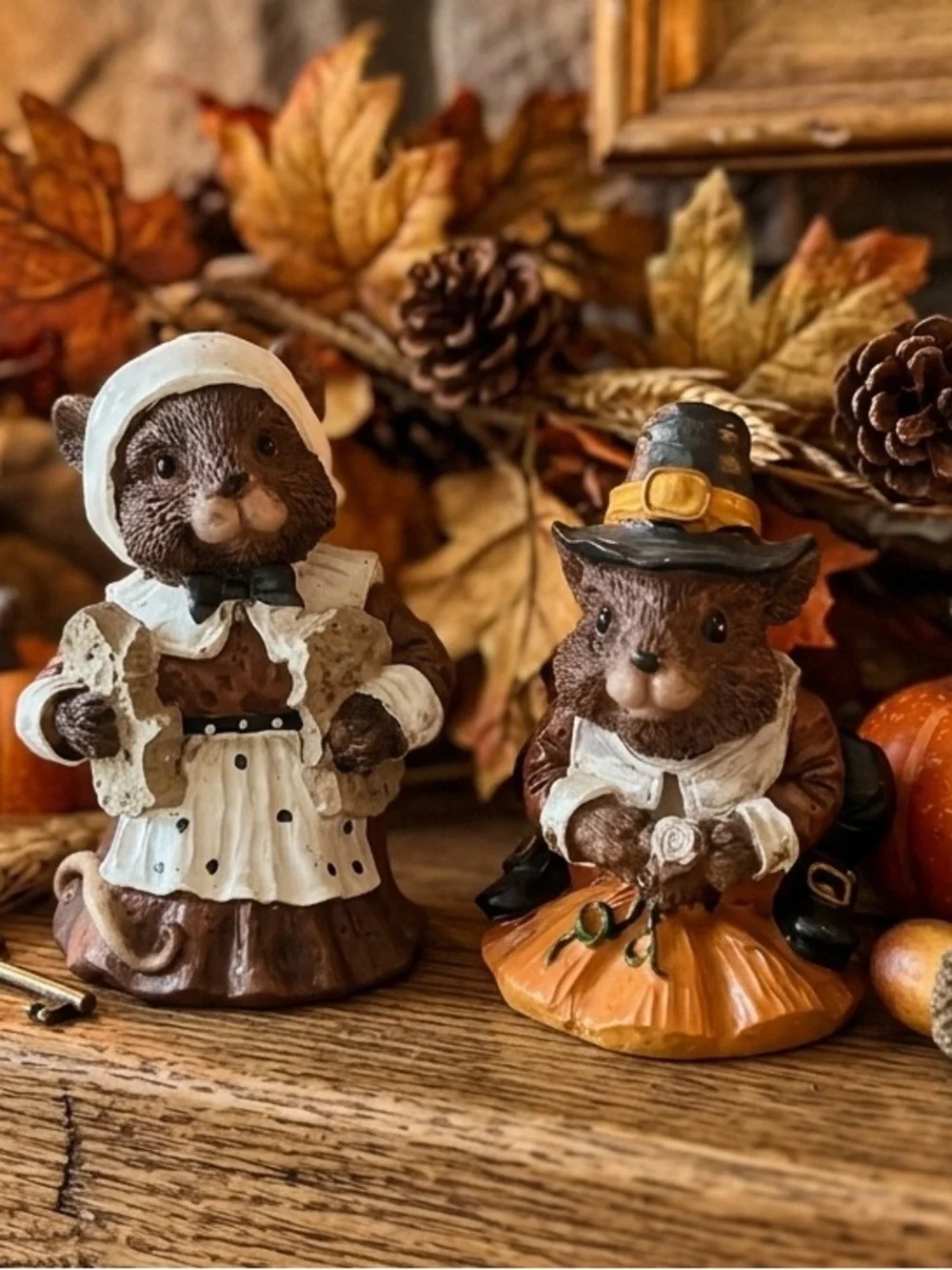 Vintage Whimsical Thanksgiving Fall Decor Pilgrim Mouse Figurines